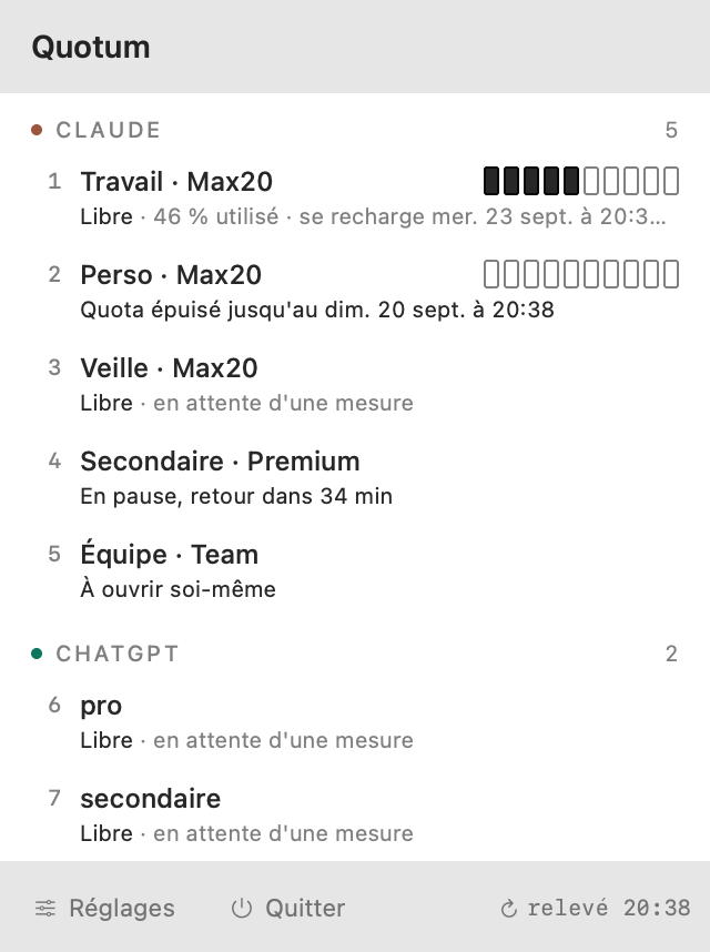 Le panneau de Quotum : les comptes Claude et ChatGPT de la machine, leur niveau de quota en grille de dix cases, et l'âge de chaque mesure.